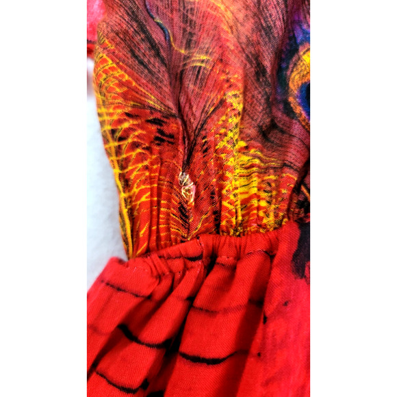 Rose by Paruay Boho Maxi Dress Red Peacock Feather Print Off Shoulder Tassel M/L - Picture 5 of 11
